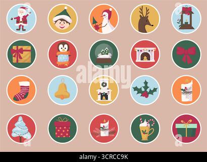 Runde Aufkleber mit Weihnachtsmann, Schneemann und Dekoration. Festliche Vektorkunst mit Weihnachtsgrüßen. Stock Vektor