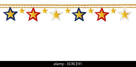 Festliche Grenze mit einer Sterngirlande in den Farben der amerikanischen Flagge auf einem goldenen Seil, isoliert auf weißem Hintergrund. Stockfoto