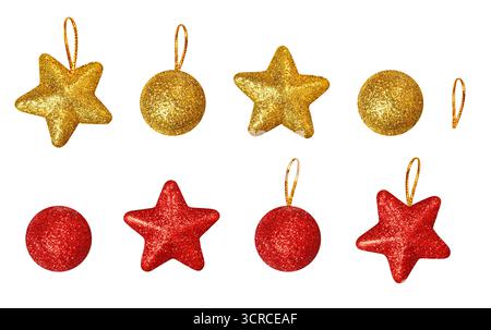 Sammlung von Weihnachtsspielzeug. Set aus goldenen und roten Weihnachtsbaumspielzeugen in Form von Sternen und Kugeln auf weißem Hintergrund. Stockfoto