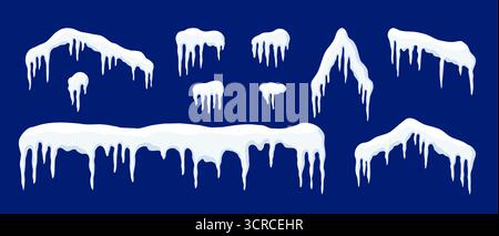 Zeichentricksymbole mit Schneekappen und Eiszapfen in Dachformen, perfekt für Design-Elemente von Weihnachten und Neujahr. Isoliert auf transparentem Hintergrund. Stock Vektor