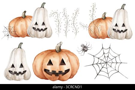Aquarell Halloween Illustration Set von weißen und orangen Kürbissen mit einem Haken . Handgezeichnete Kunstkompositionen für Herbstdekor und Spinne und Spinne Stockfoto