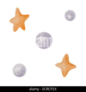 Aquarellillustration von niedlichen Sternen und Blasen, runde Formen in sanften Orange und Lila Farben. Perfekt für Herbstdekorationen, Halloween oder Magie Stockfoto