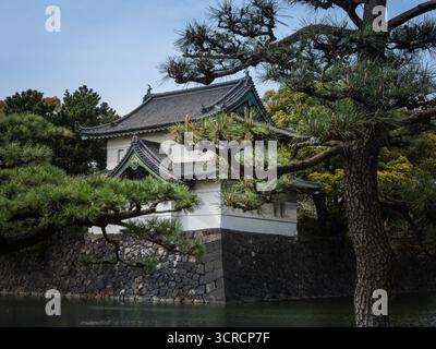 Tokio, Japan - 8. April 2025: OTE-Mon Gate (Tor zu den Ostgärten), eingerahmt von Kiefernästen, im Kaiserpalastkomplex. Stockfoto