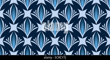 Blauer Winterschmuck aus geschwungenen Linien und Sternen. Abstraktes geometrisches nahtloses Muster in Blautönen. Fantasy-Vektor-Texturmuster. Diagonales Mosaik Stock Vektor