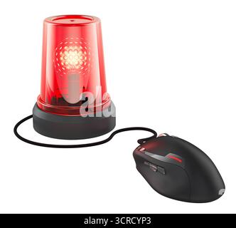 Computermaus, verbunden mit der Notrufsirene der Polizei. 3D-Rendering isoliert auf weißem Hintergrund Stockfoto