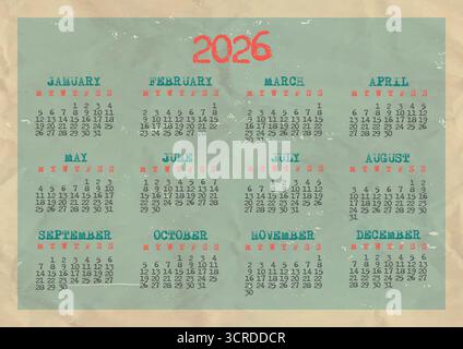 2026 calendar design with abstract typography on retro crumpled paper and frame. Monday - Sunday Stock Vektor