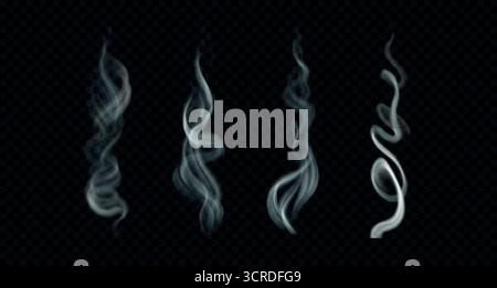 Vektor, realistischer hellblauer Räucherrauch. Welliger und wirbelnder vertikaler Dampf, isoliert auf dunklem transparentem Hintergrund Stock Vektor