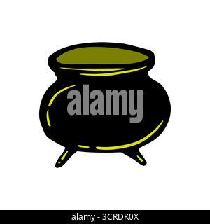 Halloween Kessel, niedliche Zeichentrickgrafik in Neongrün Gelb Farben. Isolierte Vektorillustration für Aufkleber- oder Posterdesign. Lustiges Party-Label Stock Vektor