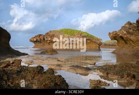 Felsige Riffe im flachen Wasser bei Ebbe mit blauem Ozean Hintergrund, Watamu Beach, Kenia Stockfoto
