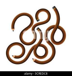Vektorillustration von mehreren braunen Bleistiften, die in eine künstlerisch gekrümmte Form gedreht wurden. Geeignet für Bildung, Kreativität, Design und Schreibwaren. Stock Vektor