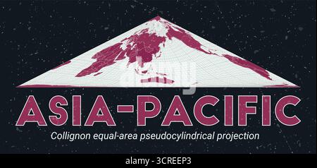 Asien-Pazifik. Weltkarte. Collignon-EQUAL-Area-pseudozylindrische Projektion mit Fokus auf Asien-Pazifik. Palette Pale Mint Dark Pink. Vintage-Textur. Stock Vektor