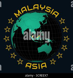 Malaysia auf Globe. Runder Text für Land und Kontinent. Länderansicht auf Weltkarte in der Farbpalette Black Emerald. Malaysische Form auf der Karte. Stock Vektor