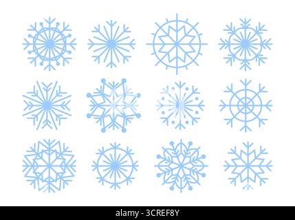 Set mit Illustrationen von blauen Schneeflocken in verschiedenen Formen und Größen in flachem Stil. Weihnachtsdekor, Silvester, Frost, Winter, Spielzeug und gemütliche Atmosphäre Stockfoto