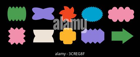 Farbenfrohes Set mit abstrakter Stickerform. Retro-Pop-Art-Kollektion mit Border-Elementen. Grooviges geometrisches Rahmenpaket für Abzeichen, Anhänger, Etiketten, Banner, Poster, Schild, Patch, Logo. Vektor verschiedene Ticket-Bundle Stock Vektor