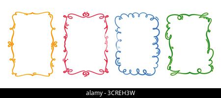 Farbenfrohe Doodle Frame Kollektion mit Neoneffekt im flachen Stil. Elegante Gelb-, Rot-, Blau- und Grünborten mit Locken und Wirbeln Stock Vektor