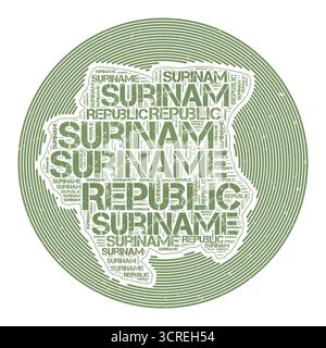 Suriname Vektorbild. Country Round-Logo-Design. Suriname-Poster in Kreisbögen und Wortwolke. Authentische Vektorillustration. Stock Vektor