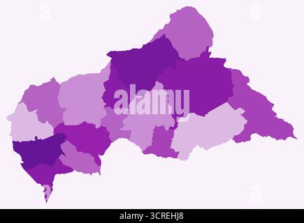 Karte der Zentralafrikanischen Republik mit Regionen. Nur eine einfache Ländergrenzkarte mit regionaler Aufteilung. Lila Farbpalette. Stock Vektor