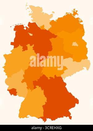 Karte von Deutschland mit Regionen. Eine einfache Karte mit Ländergrenzen und Regioneneinteilung, die eine orangefarbene Farbpalette verwendet. Stock Vektor