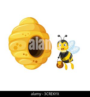 Abbildung eines Bienenstocks. Ein Bild eines Bienenstocks mit einer Biene. Eine Biene fliegt mit einem Eimer Honig in den Stock. Stock Vektor