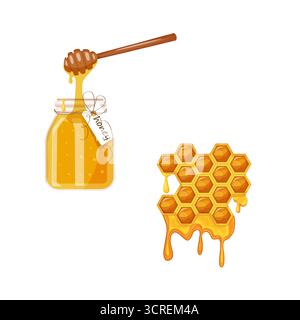 Hand gezeichnetes Glas mit Honig und Wabe mit tropfendem Honigtropfen und Schöpflöffel, Zeichentrickillustration isoliert auf weißem Hintergrund Stock Vektor