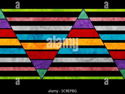 Farbenfrohe, gestreifte Dreiecke mit abstraktem geometrischem Hintergrund. Vector Tech Retro-Design Stock Vektor