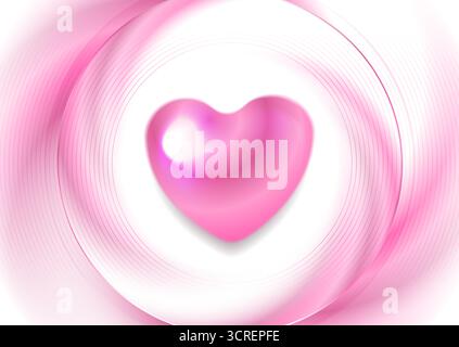 Leuchtend rosa glänzendes 3D Herz und glänzende lineare Kreise Valentinstag abstrakter Hintergrund. Vektor-Grußkarte glänzendes Design Stock Vektor