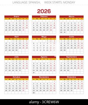 2026 Jahre spanischer Kalender in Farben der Flagge von Spanien Stock Vektor
