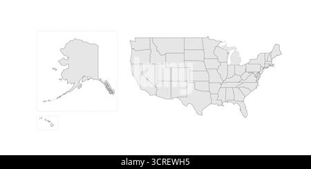 Vereinigte Staaten von Amerika politische Karte der Verwaltungsbereiche - bundesstaaten und Bundesbezirk Washington, D.C. Grau leerer Vektor editierbare Karte EPS. Stock Vektor