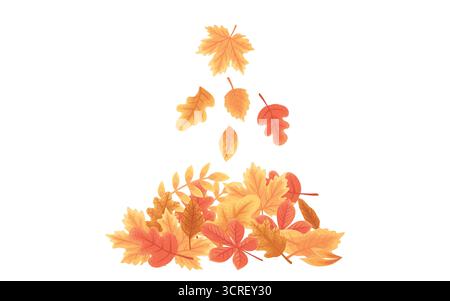 Herbstblätter stapeln sich. Cartoon gefallene Blätter auf dem Boden, farbenfroher Ahornblatt Teppich orange rot gelb grün Farben. Vektor Natur Herbstlaub Stock Vektor