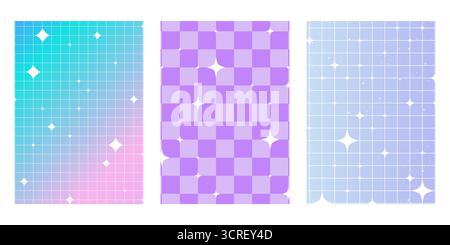 Set Groovy Fantasy Heller Verlauf Hintergrund y2k Retro Blau und Rosa Pastellgalaxie Ästhetik. Pop-Einhorn mit Sternen, trendiges kariertes Ornament. Vektorabbildung Stock Vektor