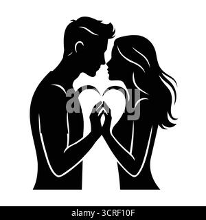 Diese romantische Illustration zeigt ein Paar in Silhouette, das sich zueinander neigt und mit den Händen eine Herzform bildet. Stock Vektor