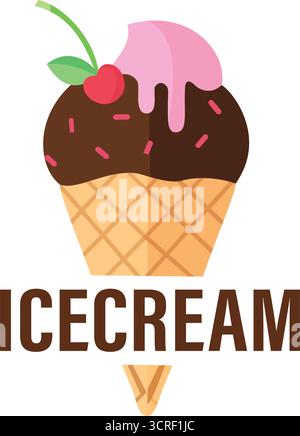 Ein Schokoladen- und Erdbeer-Eiskegel-Logo mit einer Kirsche auf der Oberseite, perfekt für eine Eisdiele oder ein Dessertgeschäft Stock Vektor