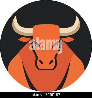 Orangefarbener Stierkopf mit Hörner-Logo in einem schwarzen Kreis, perfekt für Sportmannschaften, Finanzen oder eine starke Marke Stock Vektor