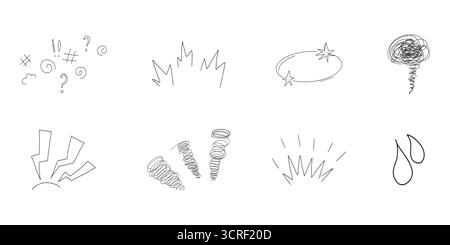 Comic-Manga-Effekt wütende Ausrufeausdrücke, handgezeichnete Skizzenlinie Emoticon Anime-Reaktion Set. Scribble Anime Schwindelflecken. Hochwertige Fotos Stock Vektor