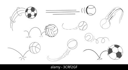 Bounced Ball Comic Manga-Effekt, Doodle Line Hand gezeichnete Ballsprungbahn, Ballbewegungsausdruck. Skizzenbewegung. Vektorabbildung Stock Vektor
