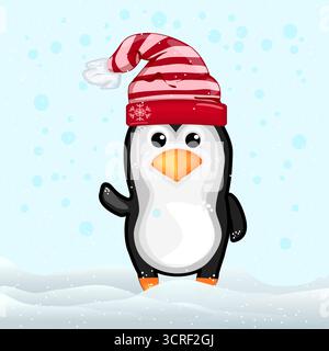 Weihnachtspinguin auf Schnee Hintergrund.Pinguin im weihnachtsmann Hut mit fallenden Schneeflocken.Cartoon Pinguin mit roter Feiertagskasse.Xmas arktisches Tier.Vektor Stock Vektor