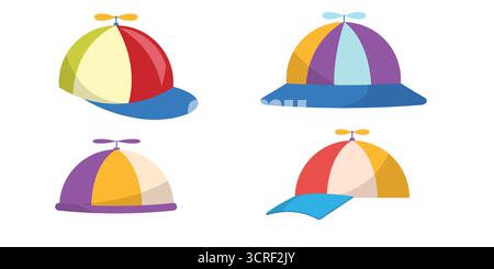 Vektor Propeller Hut Ikonen auf weißem Hintergrund eingestellt Bunte Kappe Sammlung verspielte skurrile Kopfbedeckung Design Vielfalt der Stile lustige Zeichentrickfilm Stock Vektor