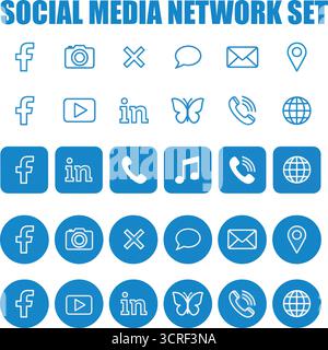 Symbolsatz Für Soziale Medien Und Kontakte 2025 – Schwarze Runde, Quadratische Und Kreisförmige Symbole Stock Vektor