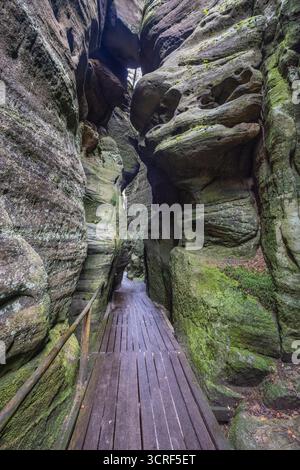 Adrspach-Teplice Rocks, Sandsteinformationen in der Region Hradec Kralove in der Tschechischen Republik, Europa. Holzsteg schlängelt sich durch eine enge Schlucht von Stockfoto