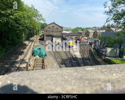 Blick aus der Vogelperspektive auf den historischen historischen historischen Bahnhof Haworth, Keighley & Worth Valley Railway, Haworth. West Yorkshire Stockfoto