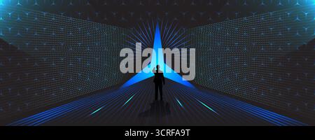 Ein leuchtender Tunnel aus Licht und Partikeln mit einer menschlichen Silhouette, der Technologie, Erforschung und die Zukunft digitaler Welten symbolisiert. Stock Vektor