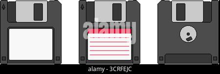Pixelart Disketten mit Vorder- und Rückseite. Satz isolierter Disketten. Illustration des Vektors für Retro-Datenspeicherung. Stock Vektor