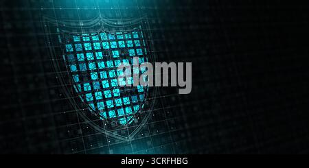 Abstraktes Cyber-Schild mit blauem Verschlüsselungsmuster und leuchtendem, sicherer Matrix-Hintergrund. Cybersicherheitskonzept, Datenschutz, Firewall-Schutz, saf Stockfoto