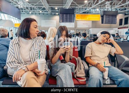 Drei Frauen warten am Flughafen. Eine ist eine asiatische Frau mittleren Alters mit dunklen Haaren, eine andere ist eine junge asiatische Frau, die ein Smartphone benutzt, und die dritte ist eine Stockfoto