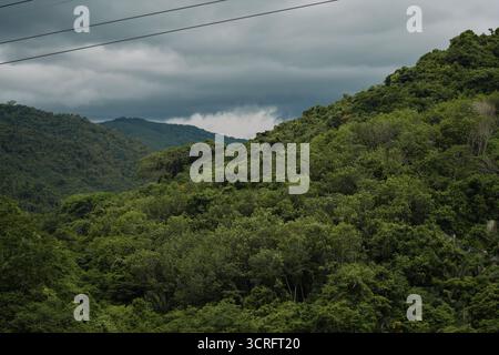 Üppige, lebhafte grüne Berge, die majestätisch unter einem unglaublich dramatischen Himmel über Ihnen stehen Stockfoto