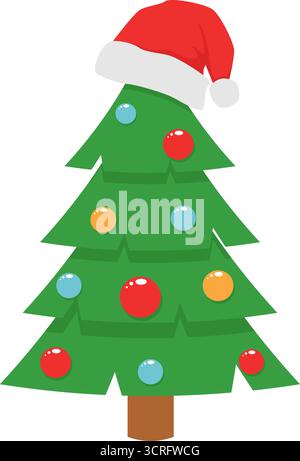 Weihnachtsbaum mit Weihnachtskugeln und rotem Weihnachtsmann-Hut. Vektorillustration mit transparentem Hintergrund. Stock Vektor
