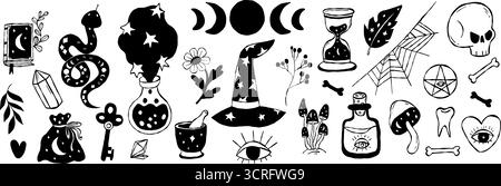 Set aus Magie, Mystik, rituellen Hexenobjekten und handstrukturierten Doodle-Zeichnungen mit Symbol. Isolierter Vektor, schwarzer okkulter Sketch-Trank, Elixier, Pilz, Buch Stock Vektor