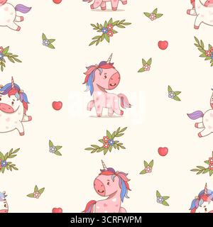 Nahtloses Muster. Niedliches Einhorn mit mehrfarbiger Mähne auf weißem Hintergrund mit Blumen und Herz. Lustiges Romantisches Kleines Pferd Kawaii Tier. Vektor Stock Vektor