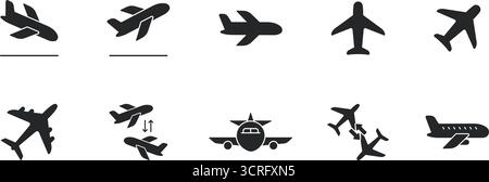 Flugzeug Reise Flug Start Landung und Transport ein ausgefüllter Symbolsatz. Flug Reise Fluggesellschaft Abflug Ankunft Elemente Silhouette Symbol Stock Vektor