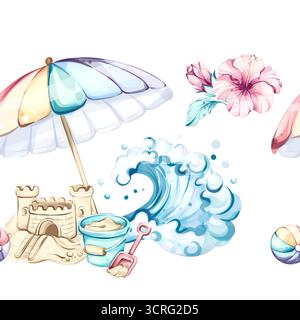 Nahtlose Hintergrundtapete mit Elementen des Sommerurlaubs am Strand mit Sonnenschirmen, Wellen, Sandburgen und tropischen Blumen für festliche Feierlichkeiten Stock Vektor